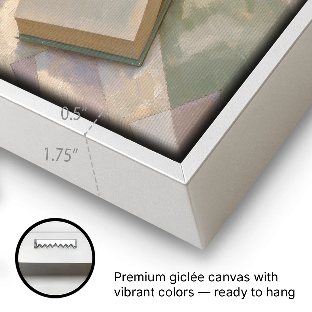 Morning Light Painting of Tea and an Open Book - White Framed Canvas Wall Art - Gallery Wrap Corner