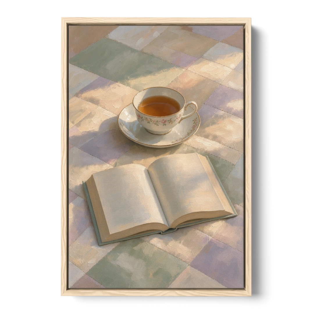 Morning Light Painting of Tea and an Open Book - Oak Framed Canvas Wall Art - Front