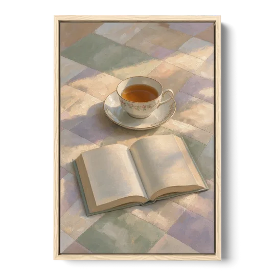 Morning Light Painting of Tea and an Open Book - Oak Framed Canvas Wall Art - Front