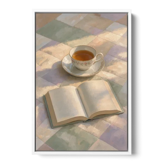Morning Light Painting of Tea and an Open Book - White Framed Canvas Wall Art - Front