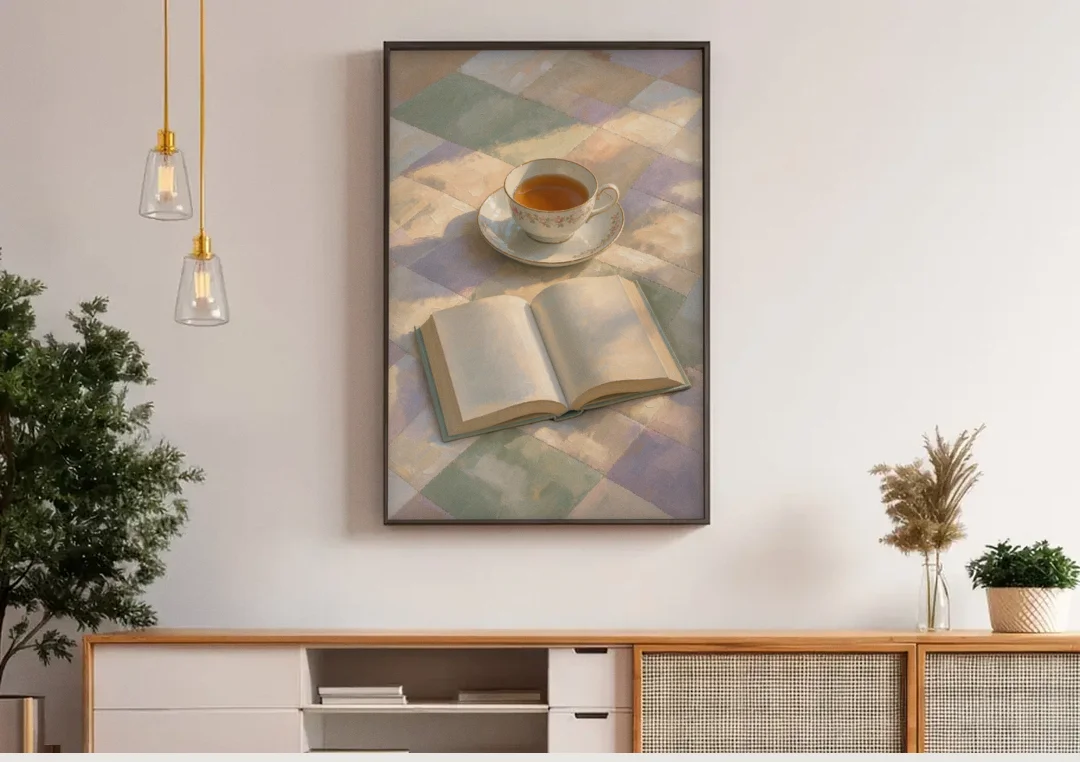 Morning Light Painting of Tea and an Open Book canvas wall art above a wooden sideboard under pendant lights