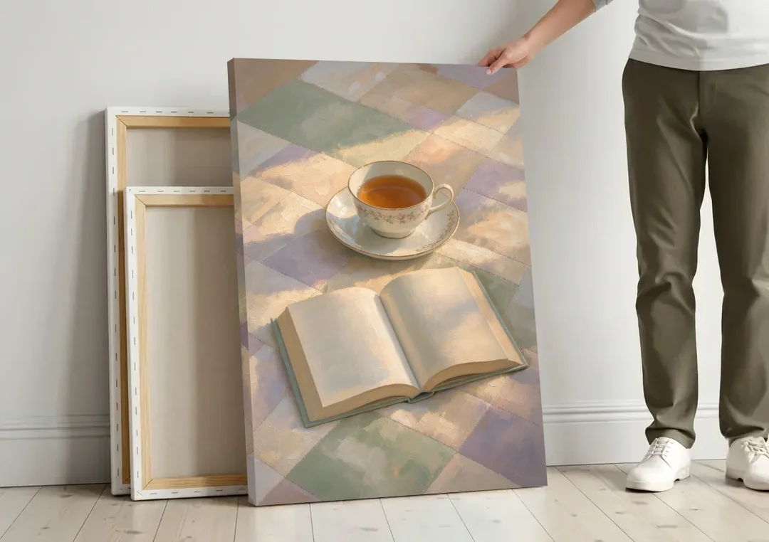 Morning Light Painting of Tea and an Open Book canvas wall art leaning against a wall next to blank canvases
