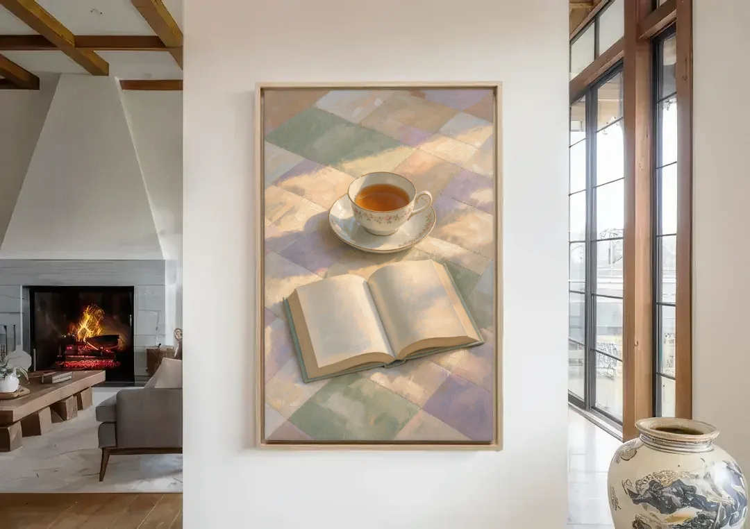 Morning Light Painting of Tea and an Open Book canvas wall art in a living room with a fireplace
