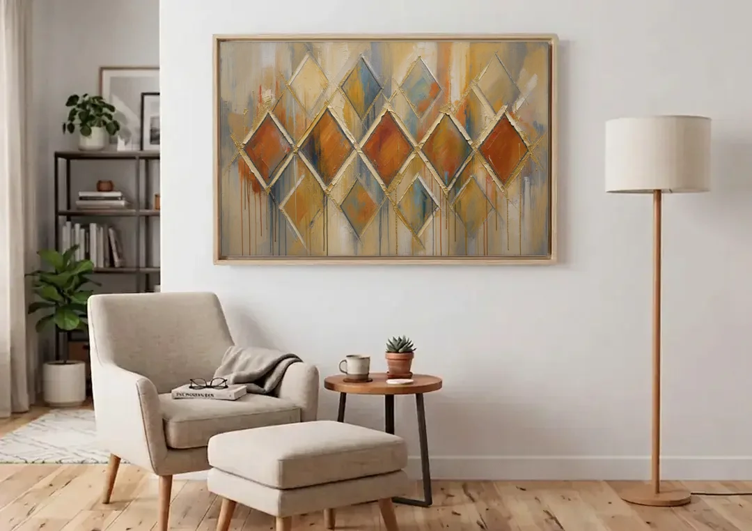 Moroccan Wall Art Diamond Lattice in Rust and Gold canvas wall art above an armchair in a bright living room