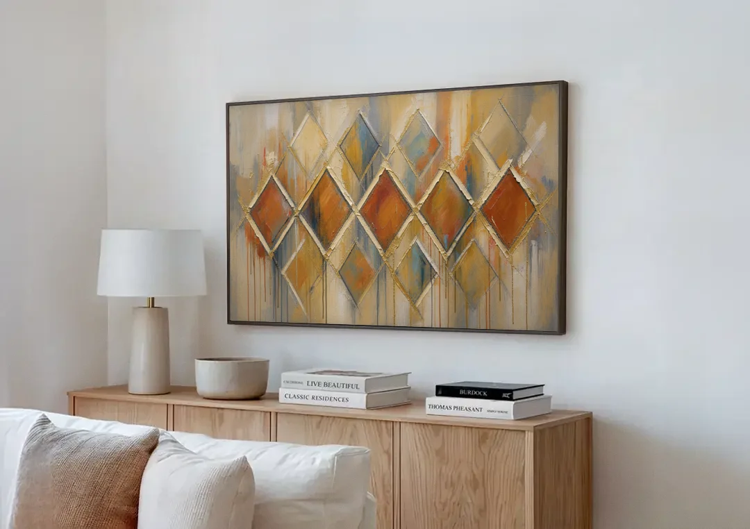Moroccan Wall Art Diamond Lattice in Rust and Gold canvas wall art above a wooden sideboard next to a sofa