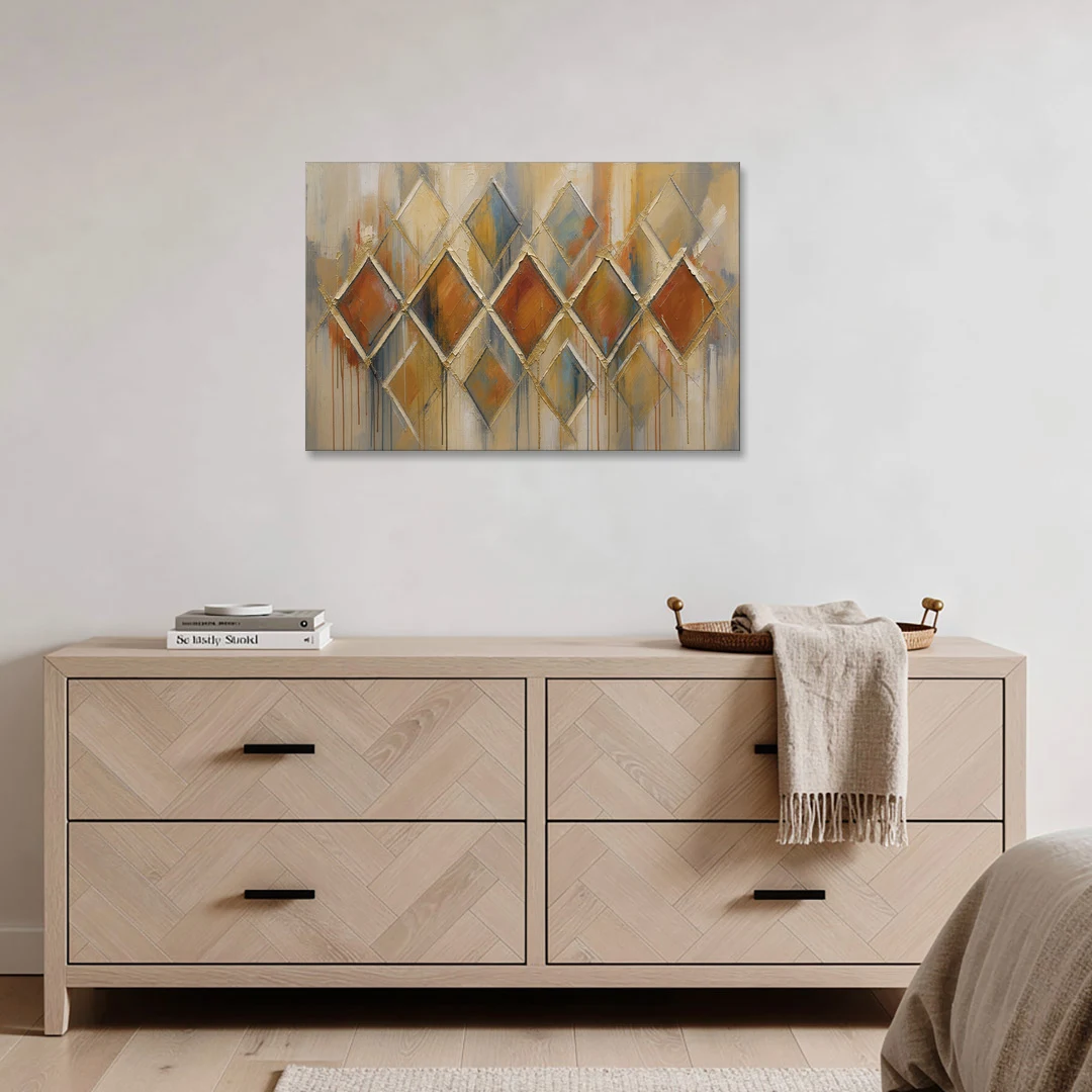 Moroccan Wall Art Diamond Lattice in Rust and Gold - Canvas Wall Art - Coffee Table - 36x24