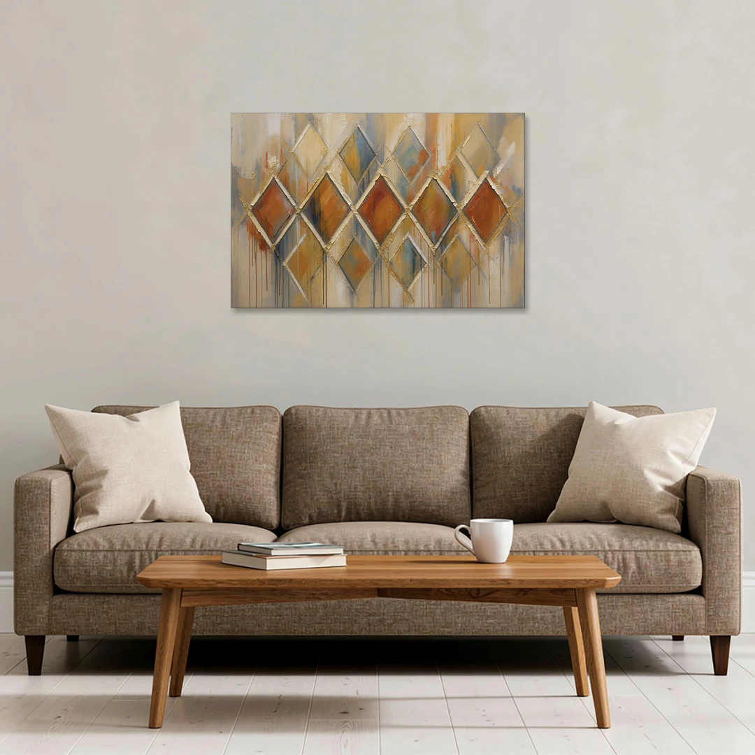 Moroccan Wall Art Diamond Lattice in Rust and Gold - Canvas Wall Art - Sofa - 36x24