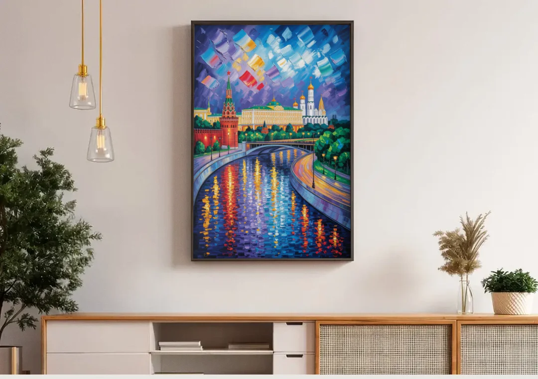Moscow River Glimpse canvas wall art above a wooden sideboard under pendant lights