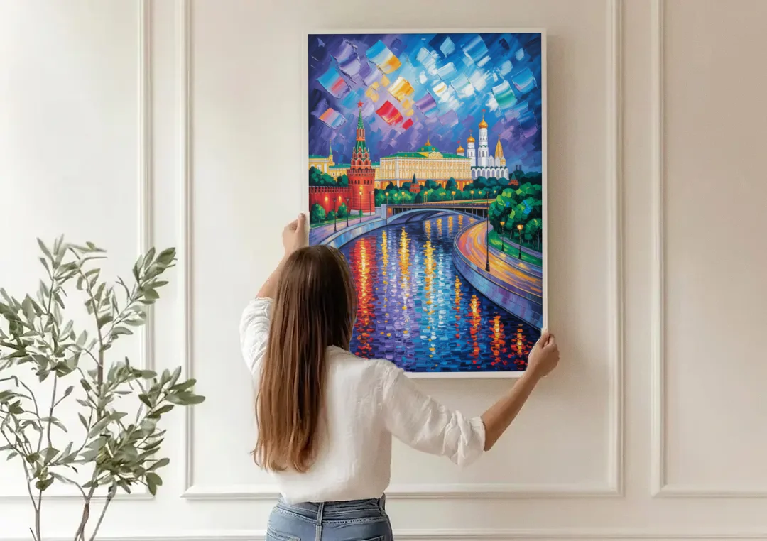 Moscow River Glimpse canvas wall art being hung on a paneled wall