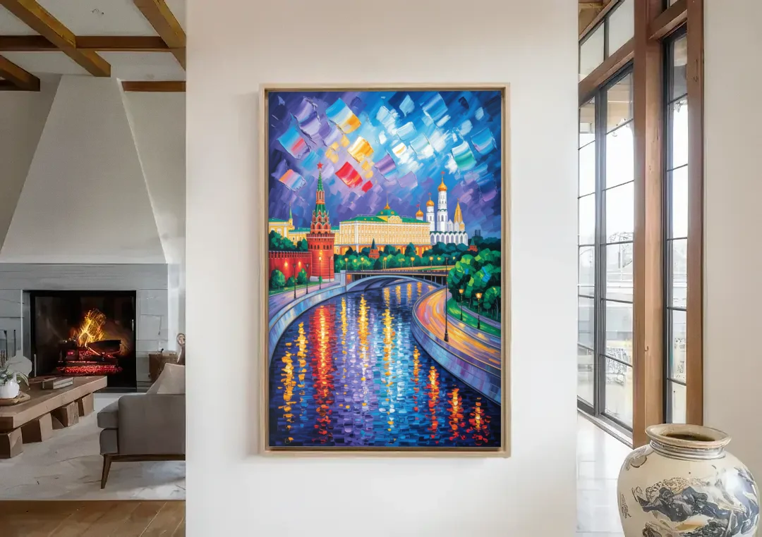 Moscow River Glimpse canvas wall art in a living room with a fireplace