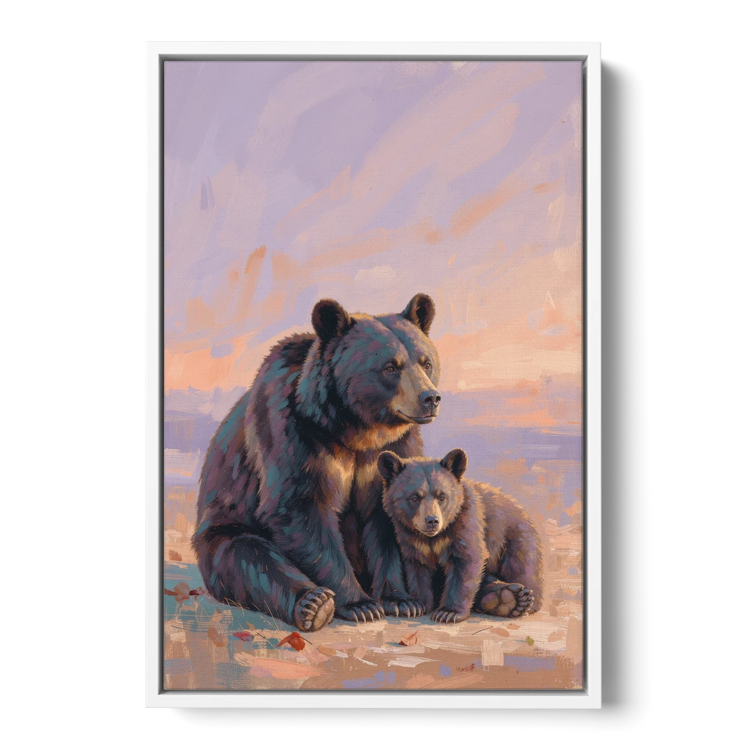 Mother Bear and Cub at Lavender Dusk for the Playroom - White Framed Canvas Wall Art - Front