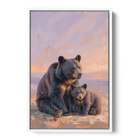 Mother Bear and Cub at Lavender Dusk for the Playroom - White Framed Canvas Wall Art - Front