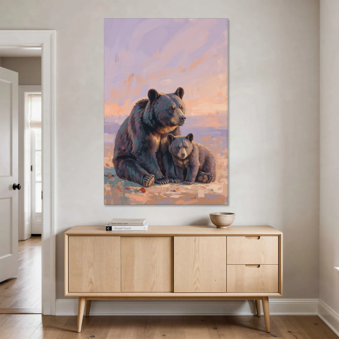 Mother Bear and Cub at Lavender Dusk for the Playroom - Canvas Wall Art - Coffee Table - 40x60