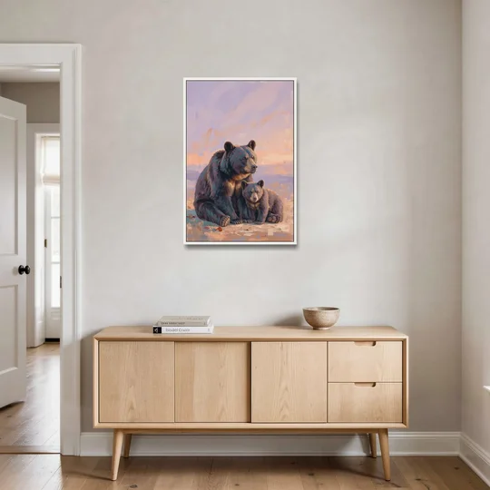 Mother Bear and Cub at Lavender Dusk for the Playroom - White Framed Canvas Wall Art - Coffee Table - 24x36