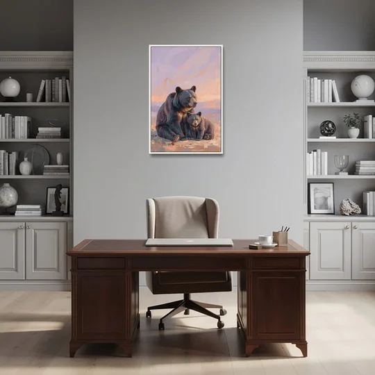 Mother Bear and Cub at Lavender Dusk for the Playroom - White Framed Canvas Wall Art - Office - 24x36
