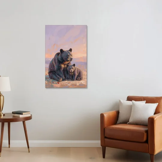 Mother Bear and Cub at Lavender Dusk for the Playroom - Canvas Wall Art - Sofa - 24x36