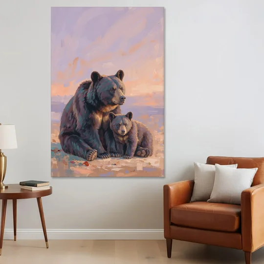 Mother Bear and Cub at Lavender Dusk for the Playroom - Canvas Wall Art - Sofa - 40x60