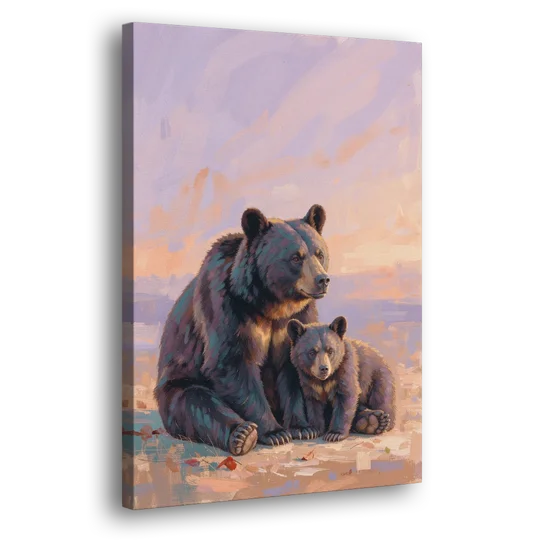 Mother Bear and Cub at Lavender Dusk for the Playroom - Canvas Wall Art - Side