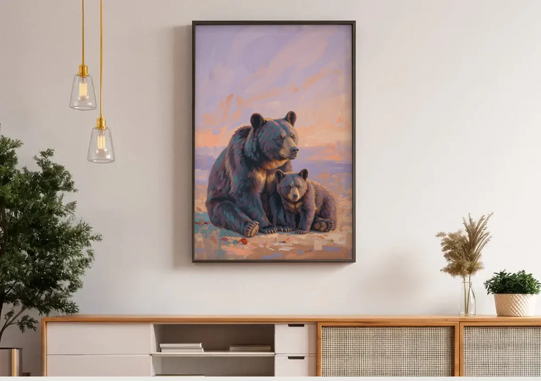 Mother Bear and Cub at Lavender Dusk for the Playroom canvas wall art above a wooden sideboard under pendant lights