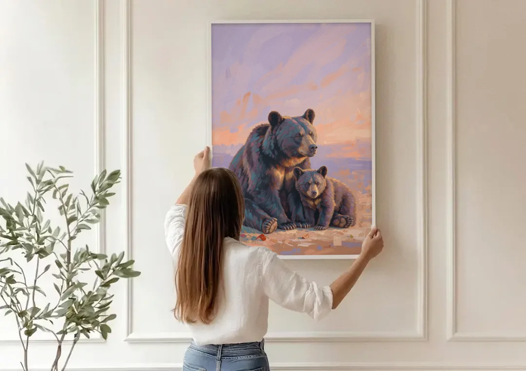 Mother Bear and Cub at Lavender Dusk for the Playroom canvas wall art being hung on a paneled wall