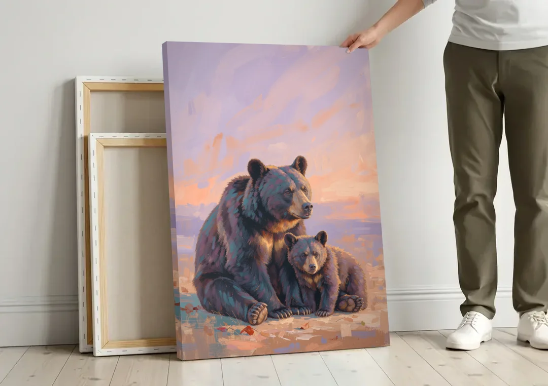 Mother Bear and Cub at Lavender Dusk for the Playroom canvas wall art leaning against a wall next to blank canvases