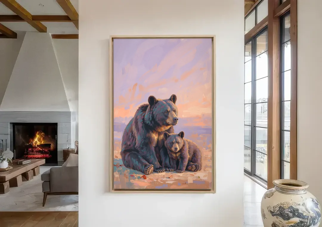 Mother Bear and Cub at Lavender Dusk for the Playroom canvas wall art in a living room with a fireplace