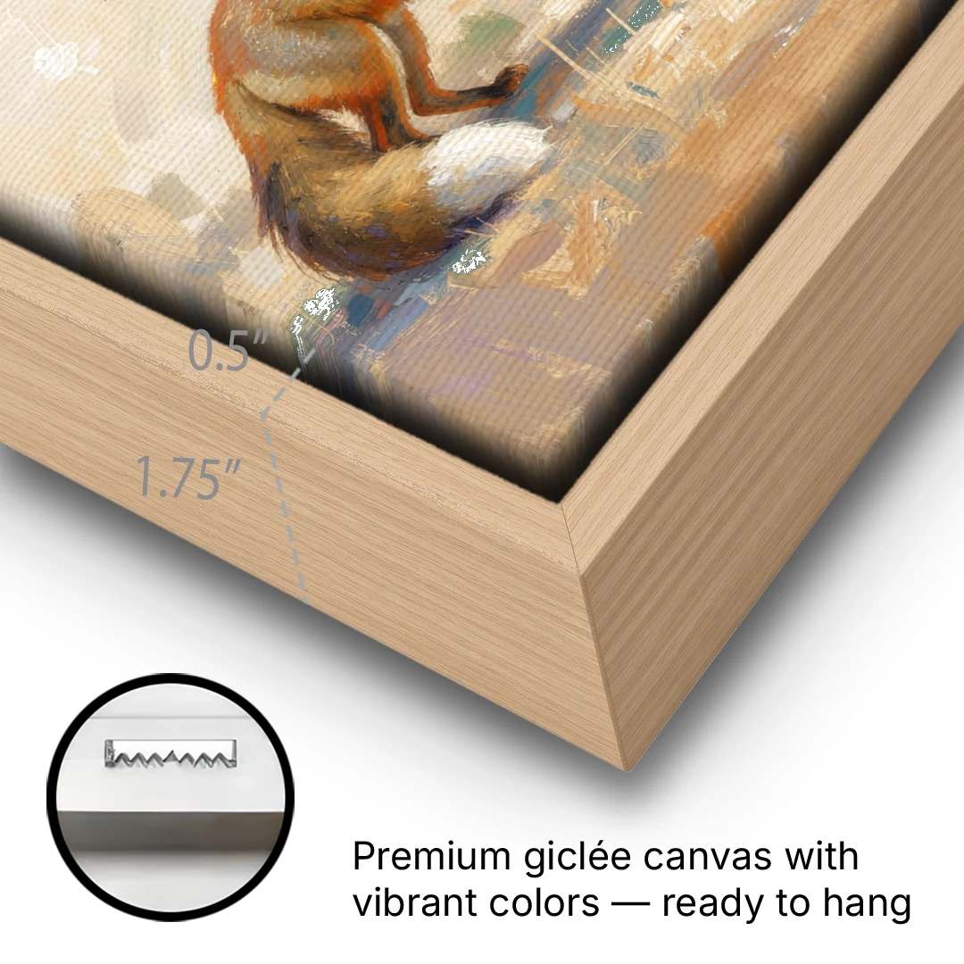 Mother Fox and Kit Touching Noses - Oak Framed Canvas Wall Art - Gallery Wrap Corner