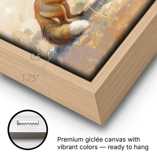 Mother Fox and Kit Touching Noses - Oak Framed Canvas Wall Art - Gallery Wrap Corner