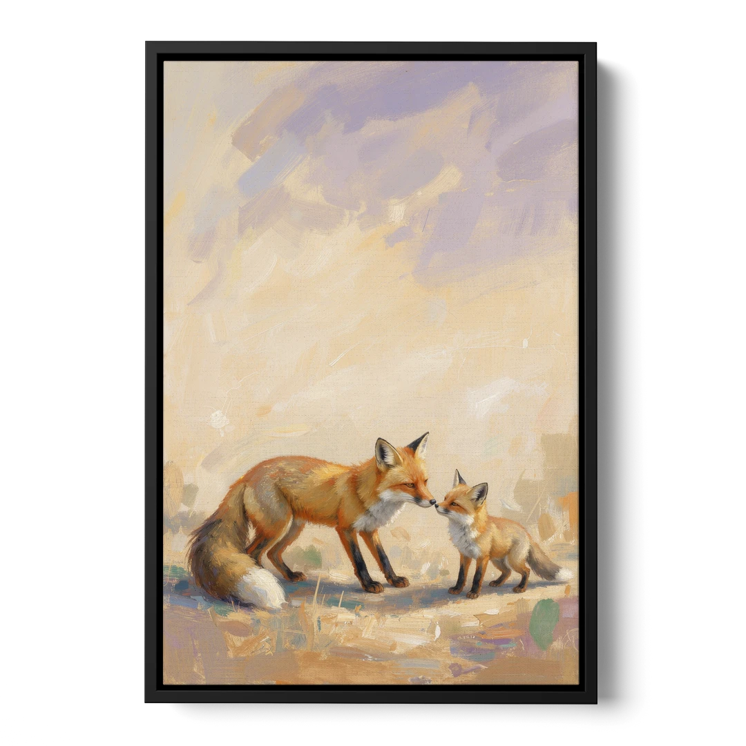 Mother Fox and Kit Touching Noses - Black Framed Canvas Wall Art - Front
