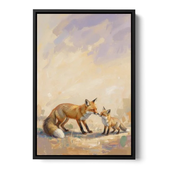 Mother Fox and Kit Touching Noses - Black Framed Canvas Wall Art - Front