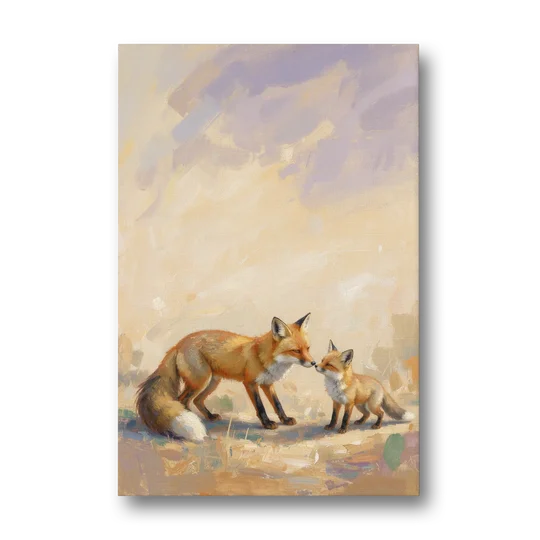 Mother Fox and Kit Touching Noses - Canvas Wall Art - Front