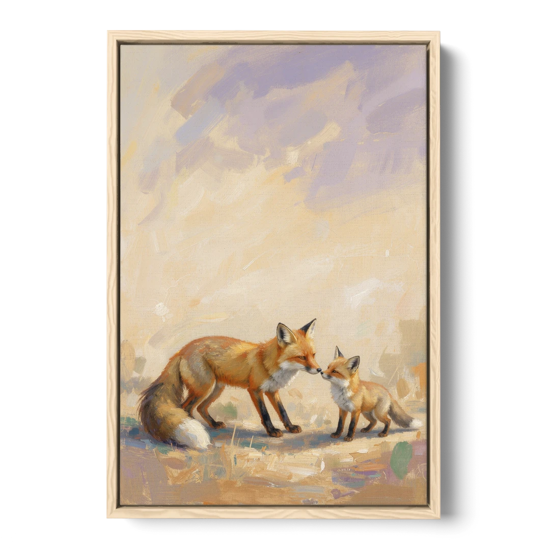 Mother Fox and Kit Touching Noses - Oak Framed Canvas Wall Art - Front
