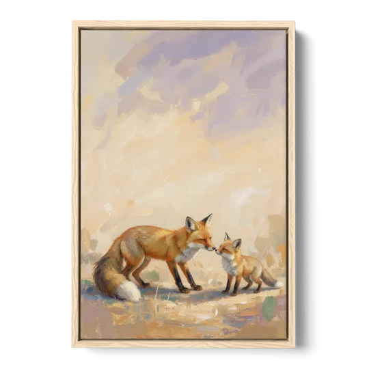Mother Fox and Kit Touching Noses - Oak Framed Canvas Wall Art - Front