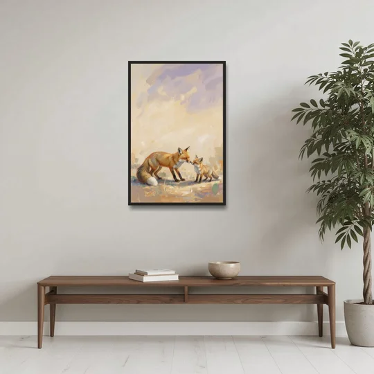 Mother Fox and Kit Touching Noses - Black Framed Canvas Wall Art - Coffee Table - 24x36