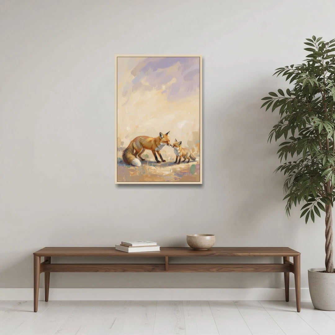 Mother Fox and Kit Touching Noses - Oak Framed Canvas Wall Art - Coffee Table - 24x36