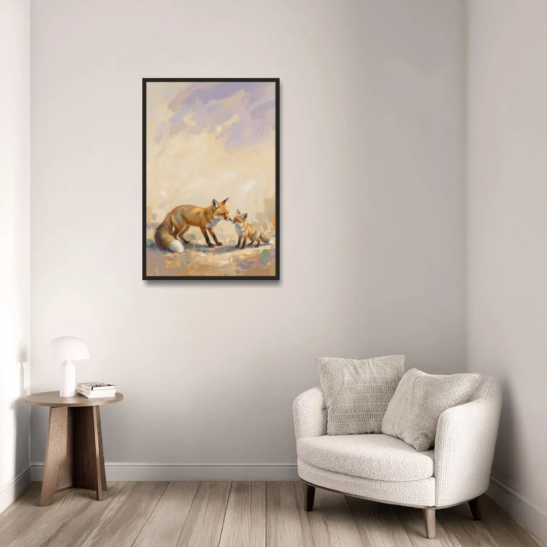 Mother Fox and Kit Touching Noses - Black Framed Canvas Wall Art - Sofa - 24x36