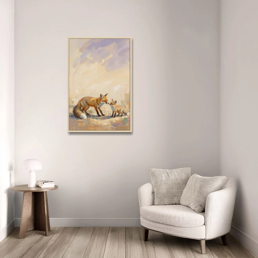 Mother Fox and Kit Touching Noses - Oak Framed Canvas Wall Art - Sofa - 24x36