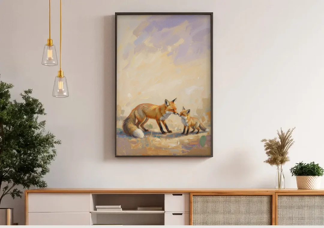 Mother Fox and Kit Touching Noses canvas wall art above a wooden sideboard under pendant lights