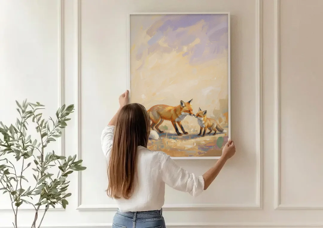 Mother Fox and Kit Touching Noses canvas wall art being hung on a paneled wall