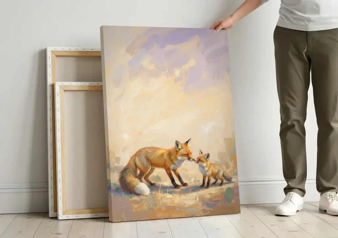 Mother Fox and Kit Touching Noses canvas wall art leaning against a wall next to blank canvases