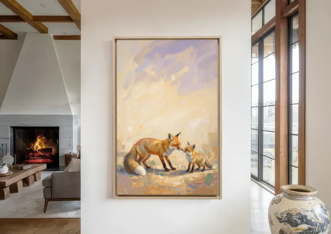 Mother Fox and Kit Touching Noses canvas wall art in a living room with a fireplace