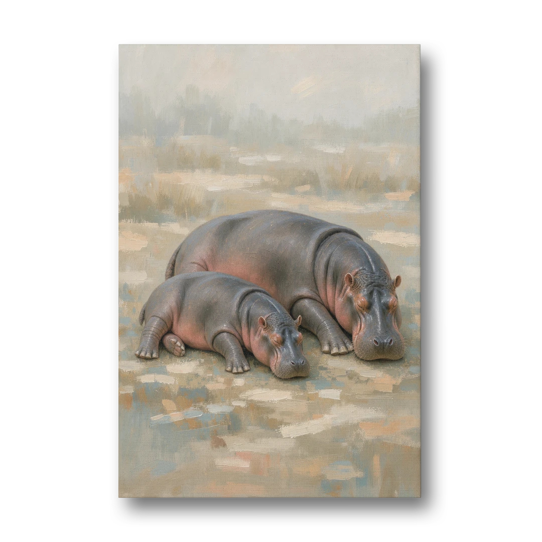 Mother Hippo and Calf Resting Together - Canvas Wall Art - Front