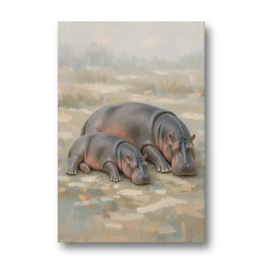 Mother Hippo and Calf Resting Together - Canvas Wall Art - Front