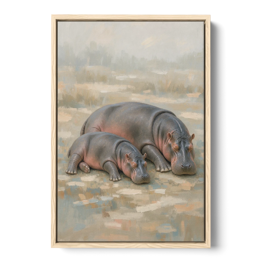 Mother Hippo and Calf Resting Together - Oak Framed Canvas Wall Art - Front