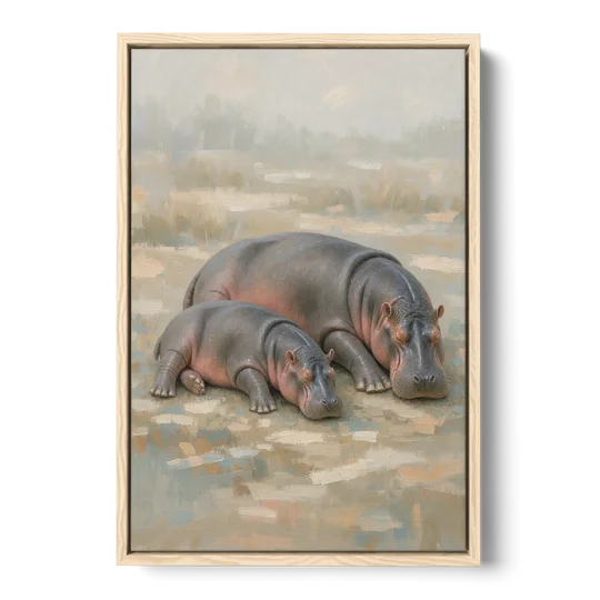 Mother Hippo and Calf Resting Together - Oak Framed Canvas Wall Art - Front