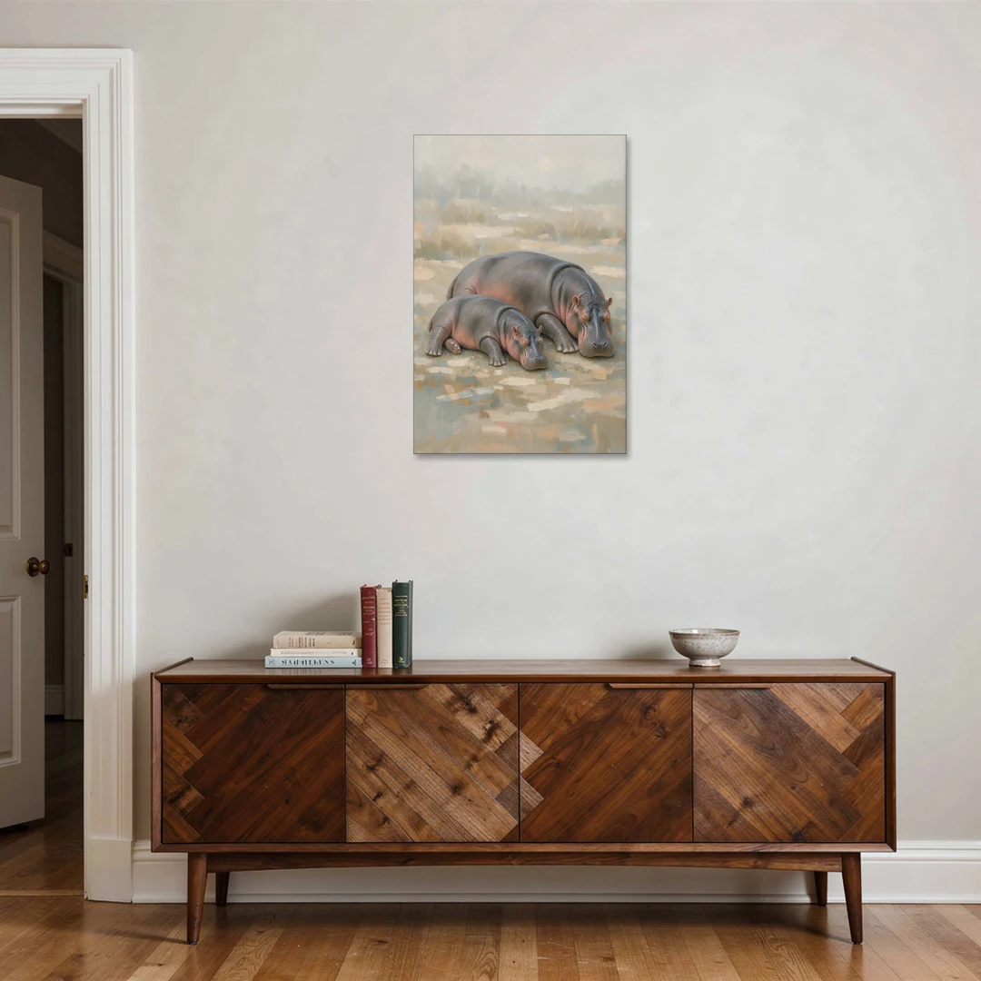 Mother Hippo and Calf Resting Together - Canvas Wall Art - Coffee Table - 24x36