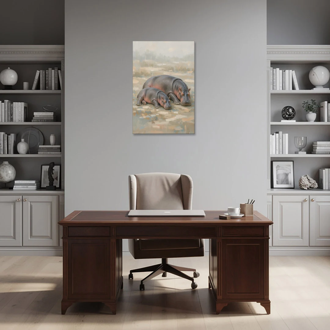 Mother Hippo and Calf Resting Together - Canvas Wall Art - Office - 24x36