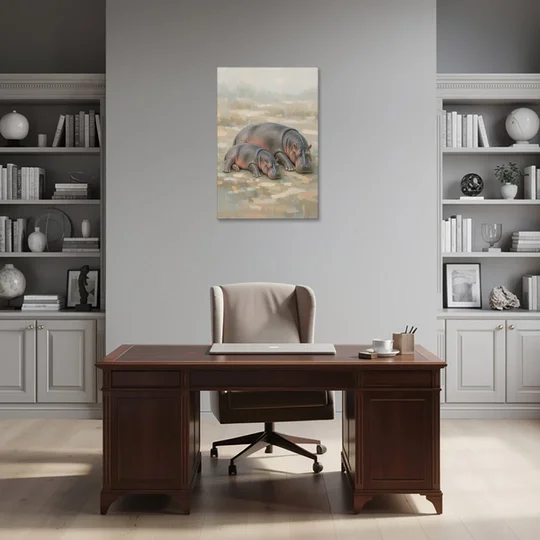 Mother Hippo and Calf Resting Together - Canvas Wall Art - Office - 24x36