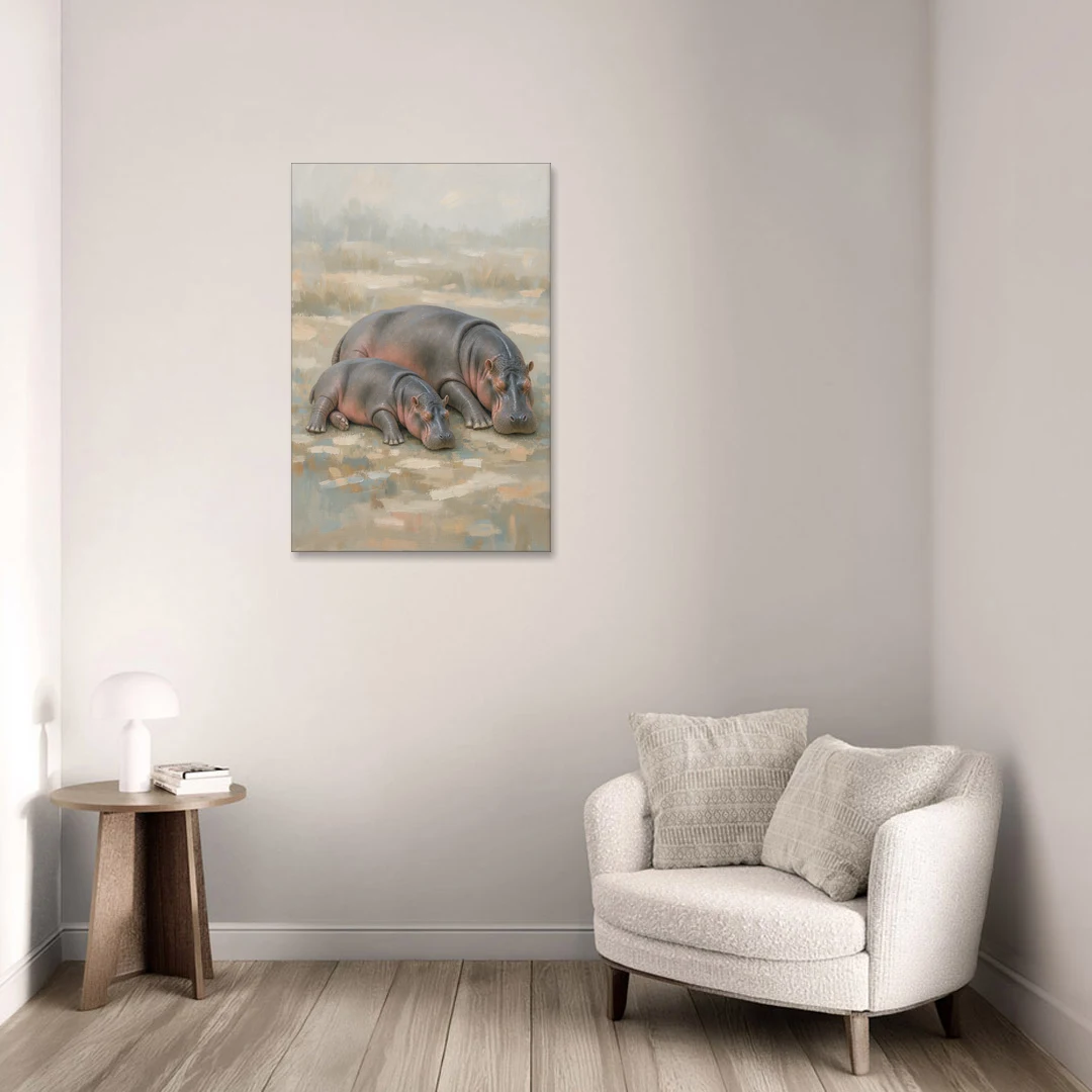Mother Hippo and Calf Resting Together - Canvas Wall Art - Sofa - 24x36