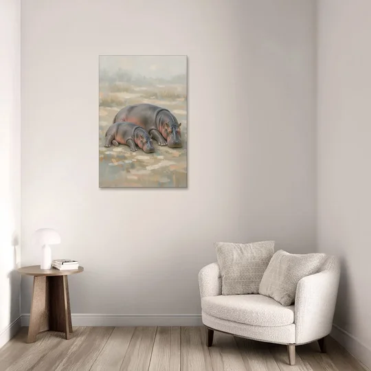 Mother Hippo and Calf Resting Together - Canvas Wall Art - Sofa - 24x36